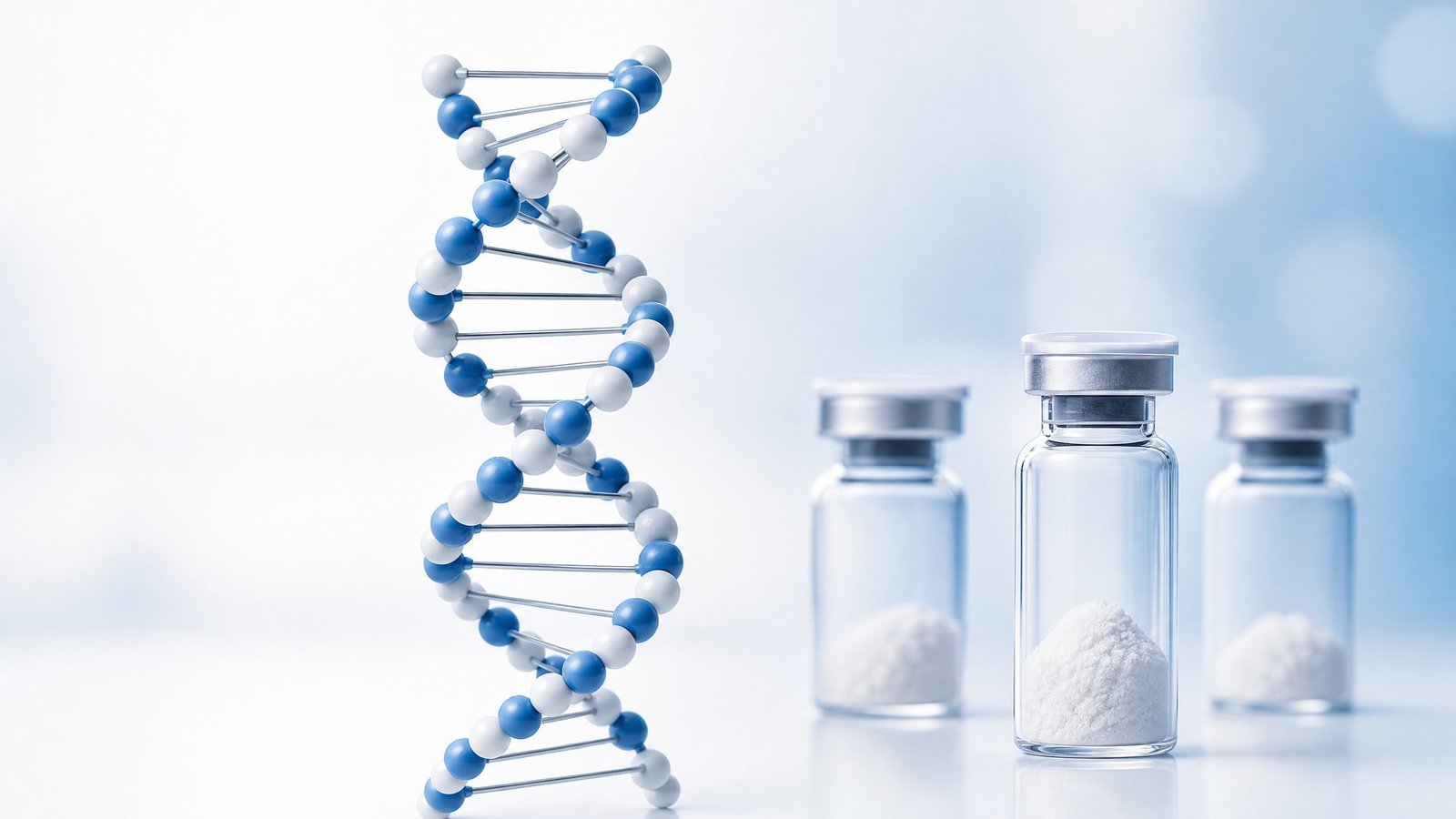 Ampulky s výskumnými peptidmi a skrutkovica DNA v laboratórnom prostredí